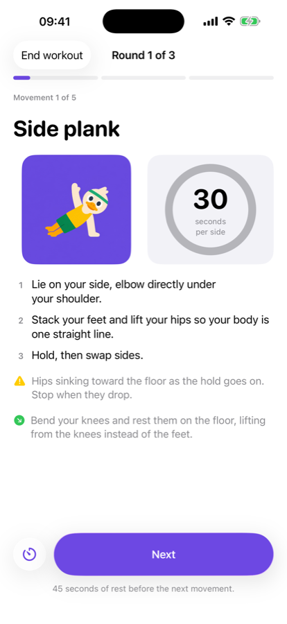A movement in progress, with instructions and a timer